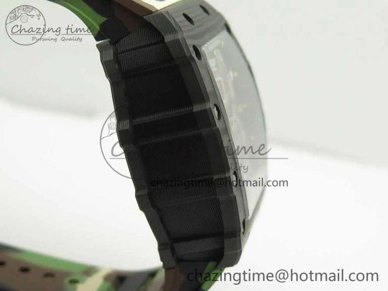 RM011 Carbon Case Chrono KVF 1:1 Best Edition Crystal Skeleton Yellow Dial on Camouflage Rubber Strap A7750