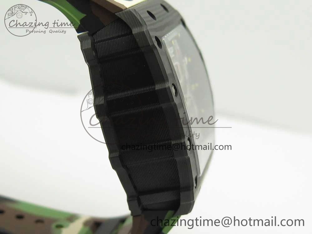 RM011 Carbon Case Chrono KVF 1:1 Best Edition Crystal Skeleton Yellow Dial on Camouflage Rubber Strap A7750