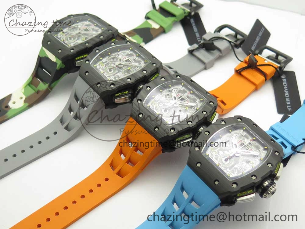 RM011 Carbon Case Chrono KVF 1:1 Best Edition Crystal Skeleton Yellow Dial on Camouflage Rubber Strap A7750