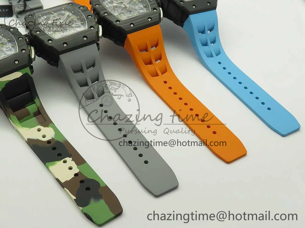 RM011 Carbon Case Chrono KVF 1:1 Best Edition Crystal Skeleton Yellow Dial on Camouflage Rubber Strap A7750