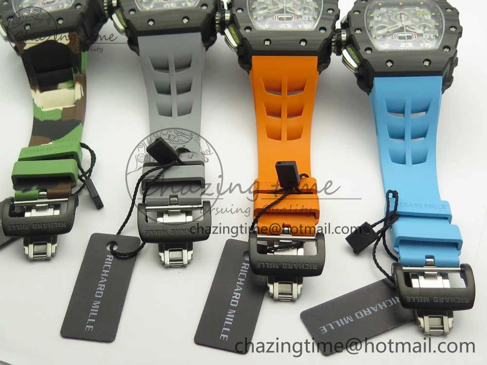 RM011 Carbon Case Chrono KVF 1:1 Best Edition Crystal Skeleton Yellow Dial on Camouflage Rubber Strap A7750