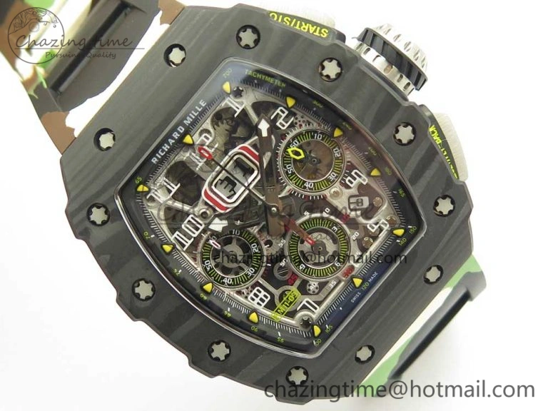 RM011 Carbon Case Chrono KVF 1:1 Best Edition Crystal Skeleton Yellow Dial on Camouflage Rubber Strap A7750