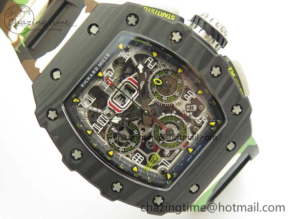 RM011 Carbon Case Chrono KVF 1:1 Best Edition Crystal Skeleton Yellow Dial on Camouflage Rubber Strap A7750
