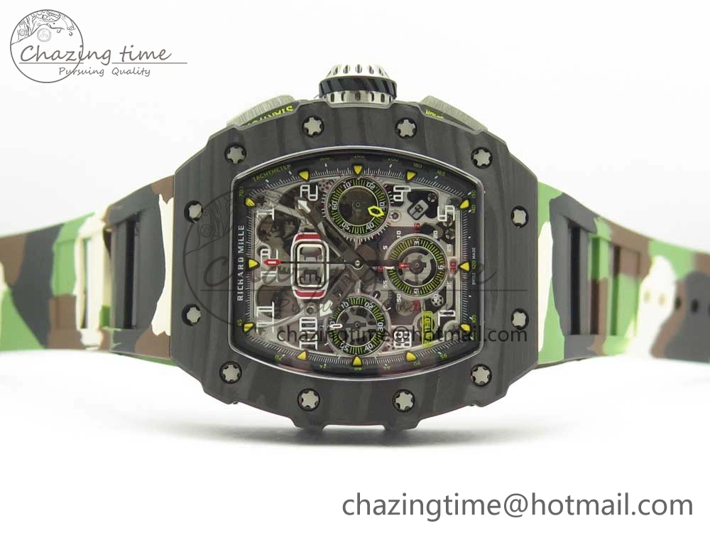 RM011 Carbon Case Chrono KVF 1:1 Best Edition Crystal Skeleton Yellow Dial on Camouflage Rubber Strap A7750