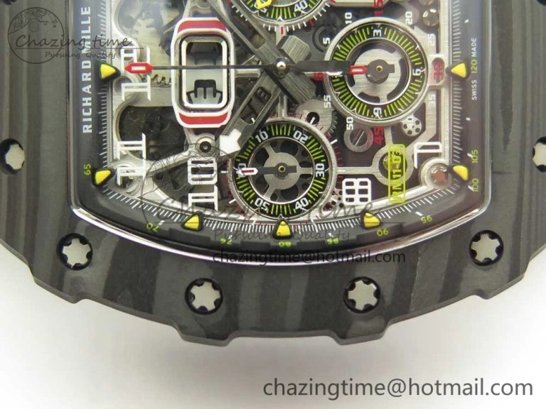 RM011 Carbon Case Chrono KVF 1:1 Best Edition Crystal Skeleton Yellow Dial on Camouflage Rubber Strap A7750
