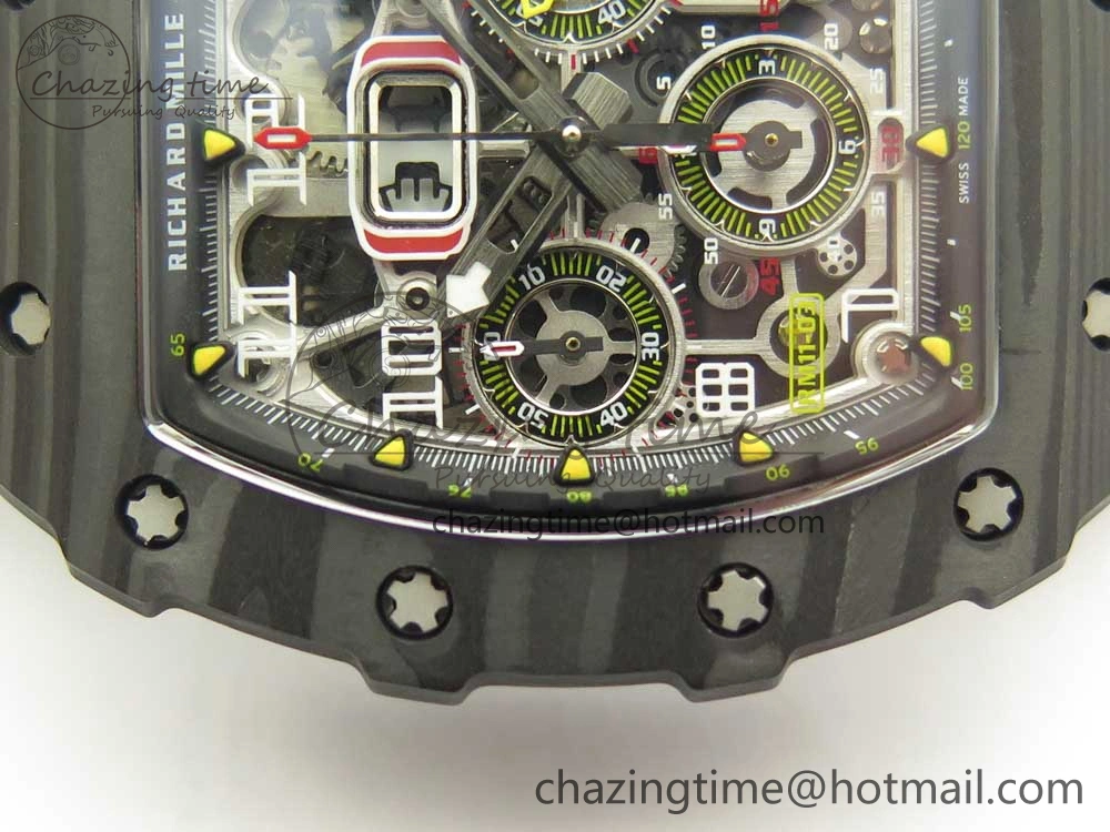 RM011 Carbon Case Chrono KVF 1:1 Best Edition Crystal Skeleton Yellow Dial on Camouflage Rubber Strap A7750