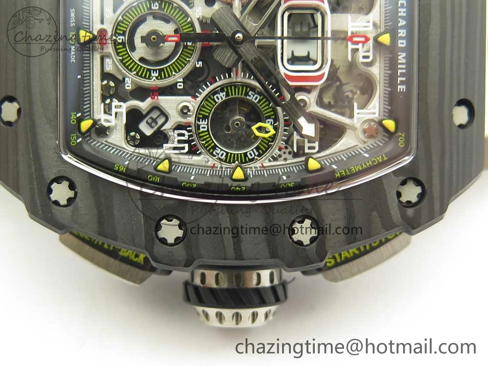 RM011 Carbon Case Chrono KVF 1:1 Best Edition Crystal Skeleton Yellow Dial on Camouflage Rubber Strap A7750