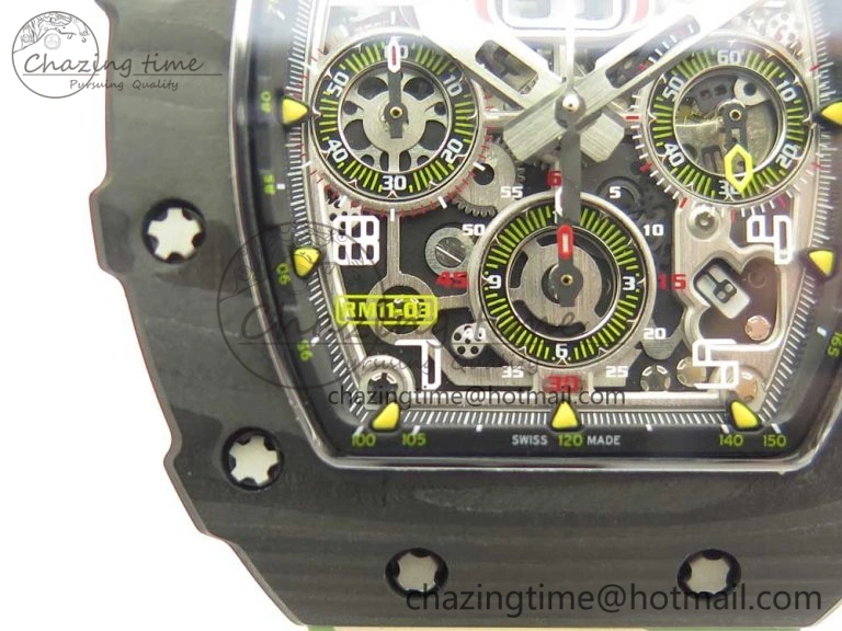 RM011 Carbon Case Chrono KVF 1:1 Best Edition Crystal Skeleton Yellow Dial on Camouflage Rubber Strap A7750