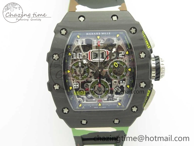 RM011 Carbon Case Chrono KVF 1:1 Best Edition Crystal Skeleton Yellow Dial on Camouflage Rubber Strap A7750