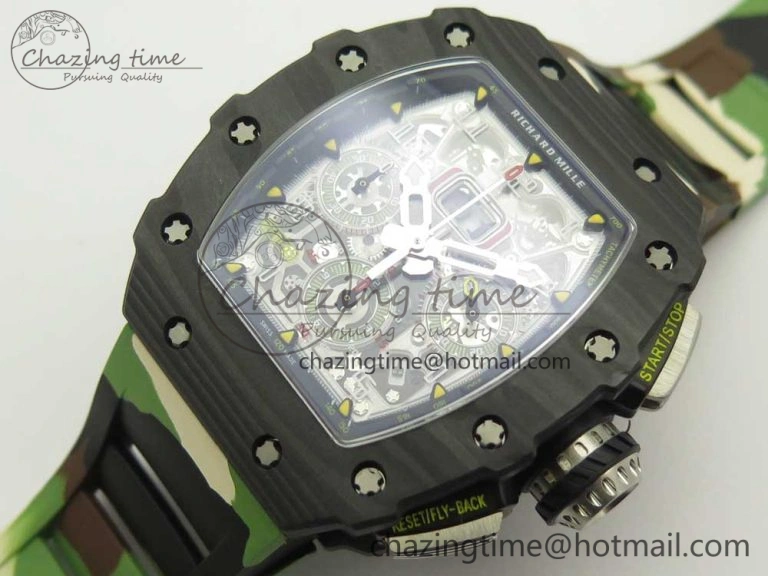 RM011 Carbon Case Chrono KVF 1:1 Best Edition Crystal Skeleton Yellow Dial on Camouflage Rubber Strap A7750