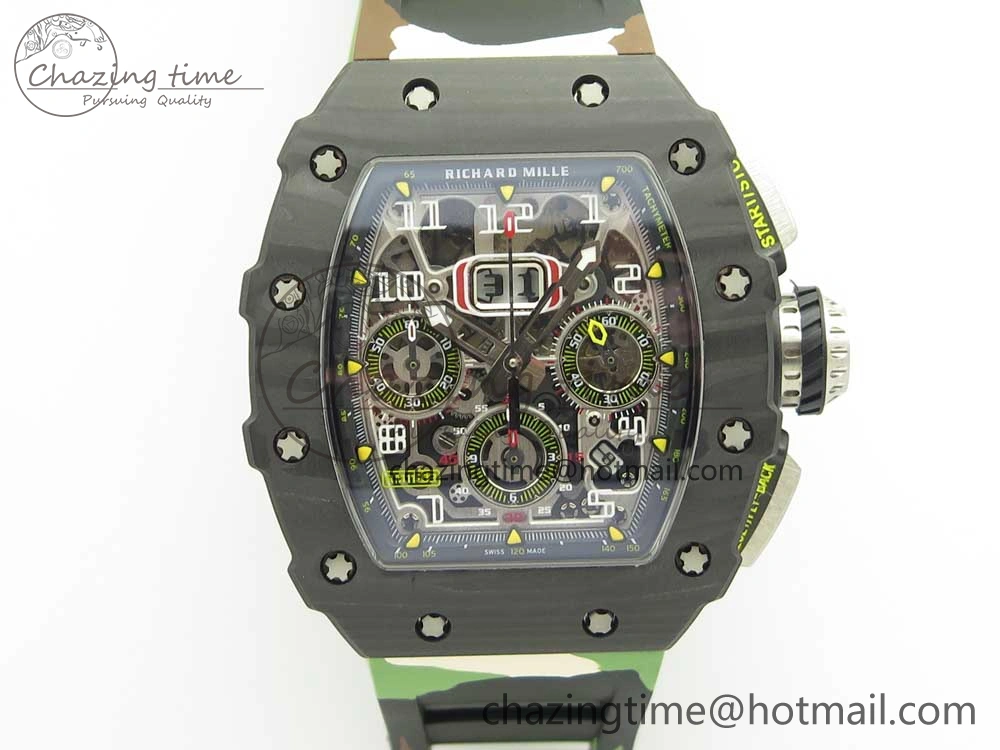 RM011 Carbon Case Chrono KVF 1:1 Best Edition Crystal Skeleton Yellow Dial on Camouflage Rubber Strap A7750