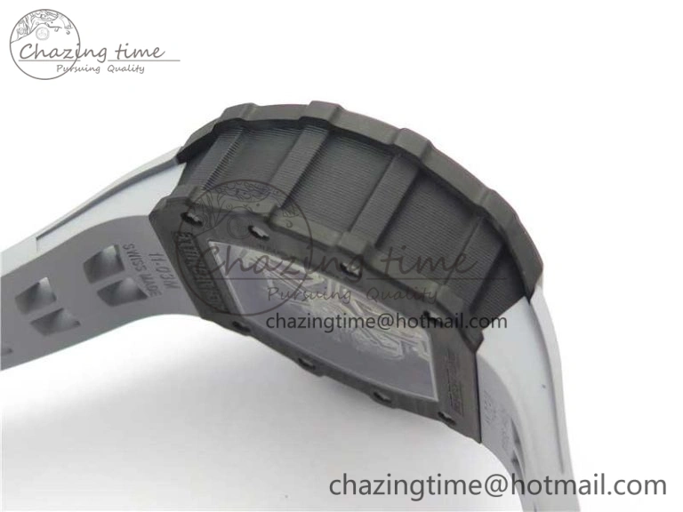 RM011 Carbon Case Chrono KVF 1:1 Best Edition Crystal Skeleton Yellow Dial on Gray Racing Rubber Strap A7750 V2