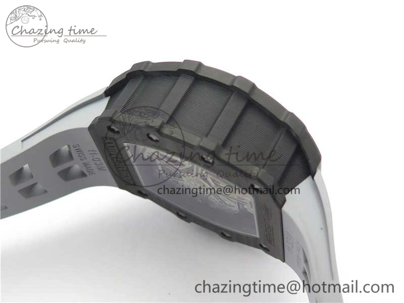 RM011 Carbon Case Chrono KVF 1:1 Best Edition Crystal Skeleton Yellow Dial on Gray Racing Rubber Strap A7750 V2