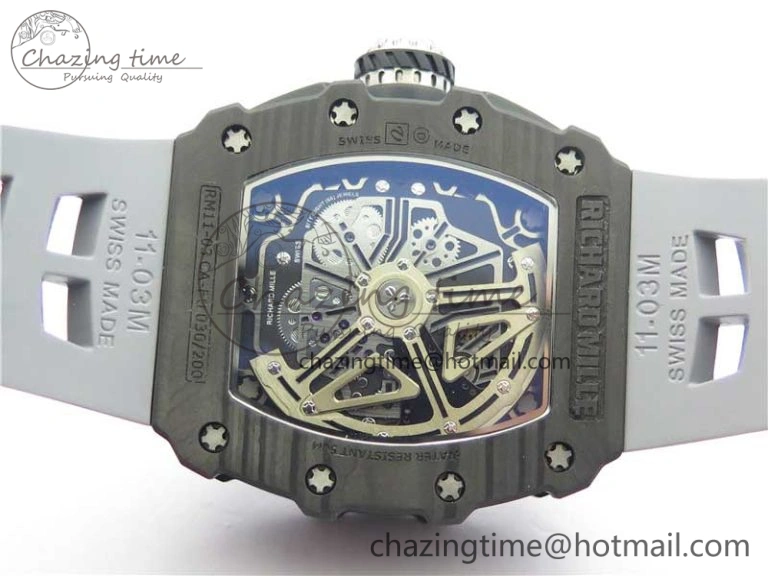 RM011 Carbon Case Chrono KVF 1:1 Best Edition Crystal Skeleton Yellow Dial on Gray Racing Rubber Strap A7750 V2