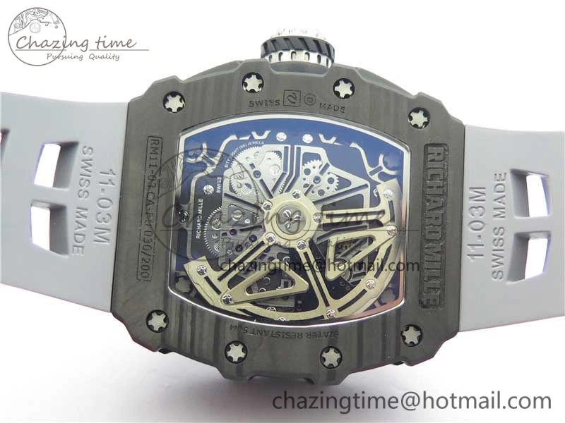 RM011 Carbon Case Chrono KVF 1:1 Best Edition Crystal Skeleton Yellow Dial on Gray Racing Rubber Strap A7750 V2