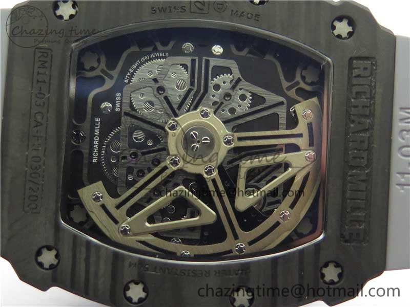 RM011 Carbon Case Chrono KVF 1:1 Best Edition Crystal Skeleton Yellow Dial on Gray Racing Rubber Strap A7750 V2