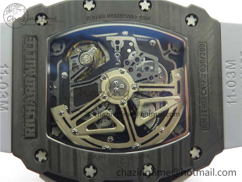 RM011 Carbon Case Chrono KVF 1:1 Best Edition Crystal Skeleton Yellow Dial on Gray Racing Rubber Strap A7750 V2