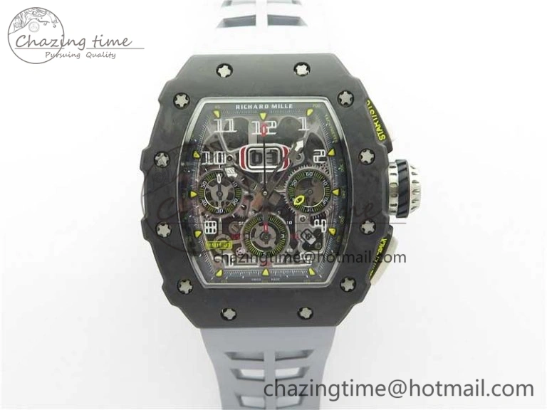 RM011 Carbon Case Chrono KVF 1:1 Best Edition Crystal Skeleton Yellow Dial on Gray Racing Rubber Strap A7750 V2