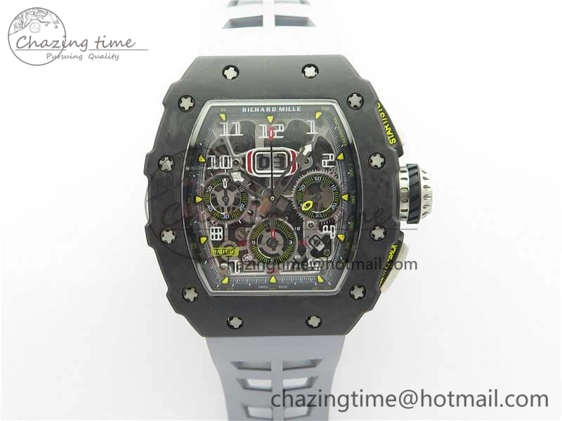 RM011 Carbon Case Chrono KVF 1:1 Best Edition Crystal Skeleton Yellow Dial on Gray Racing Rubber Strap A7750 V2