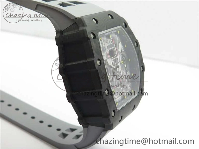 RM011 Carbon Case Chrono KVF 1:1 Best Edition Crystal Skeleton Yellow Dial on Gray Racing Rubber Strap A7750 V2