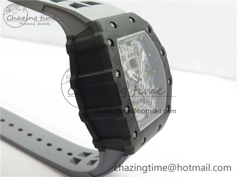 RM011 Carbon Case Chrono KVF 1:1 Best Edition Crystal Skeleton Yellow Dial on Gray Racing Rubber Strap A7750 V2