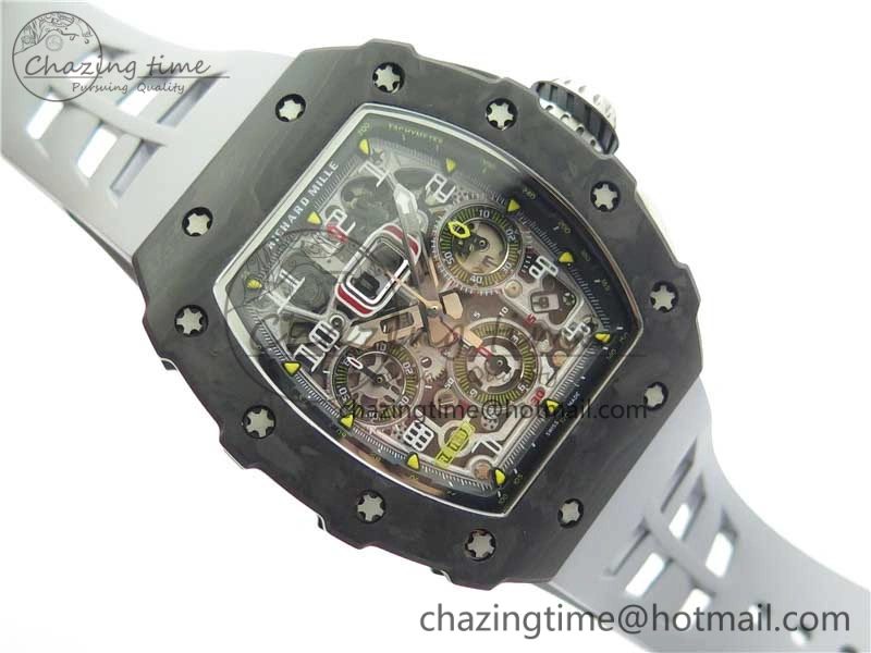 RM011 Carbon Case Chrono KVF 1:1 Best Edition Crystal Skeleton Yellow Dial on Gray Racing Rubber Strap A7750 V2