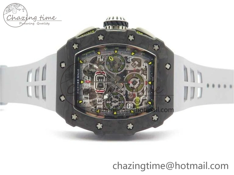 RM011 Carbon Case Chrono KVF 1:1 Best Edition Crystal Skeleton Yellow Dial on Gray Racing Rubber Strap A7750 V2