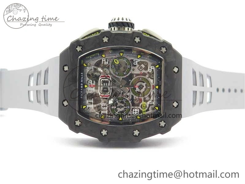 RM011 Carbon Case Chrono KVF 1:1 Best Edition Crystal Skeleton Yellow Dial on Gray Racing Rubber Strap A7750 V2
