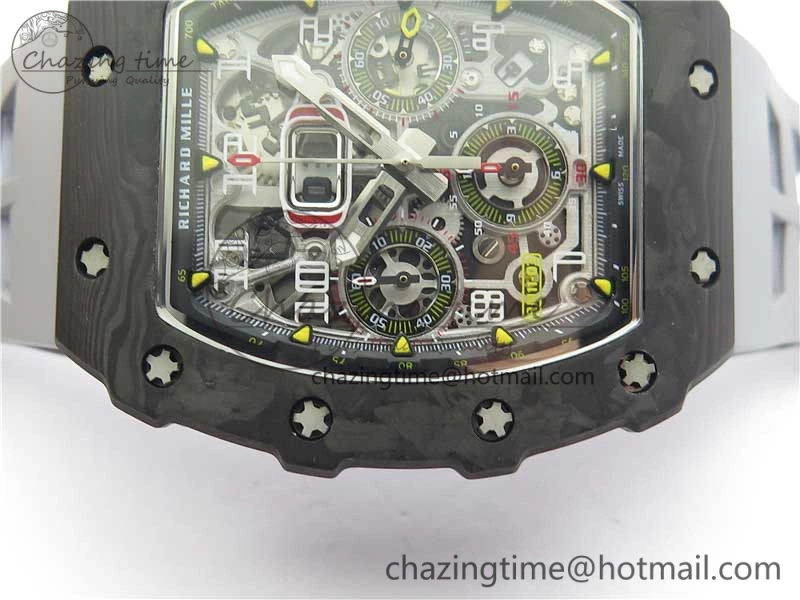 RM011 Carbon Case Chrono KVF 1:1 Best Edition Crystal Skeleton Yellow Dial on Gray Racing Rubber Strap A7750 V2