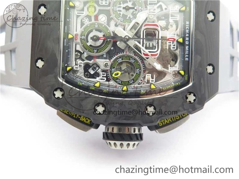 RM011 Carbon Case Chrono KVF 1:1 Best Edition Crystal Skeleton Yellow Dial on Gray Racing Rubber Strap A7750 V2