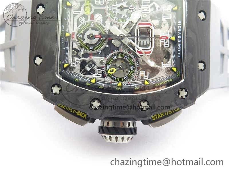RM011 Carbon Case Chrono KVF 1:1 Best Edition Crystal Skeleton Yellow Dial on Gray Racing Rubber Strap A7750 V2