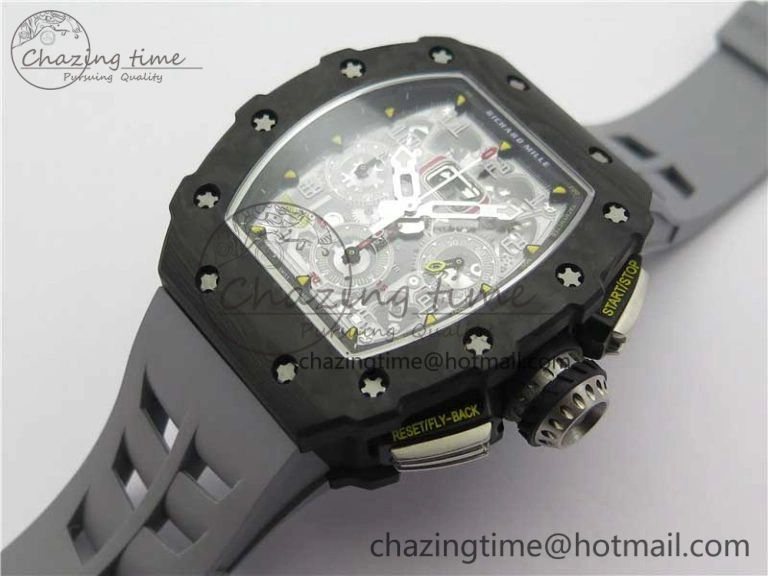 RM011 Carbon Case Chrono KVF 1:1 Best Edition Crystal Skeleton Yellow Dial on Gray Racing Rubber Strap A7750 V2
