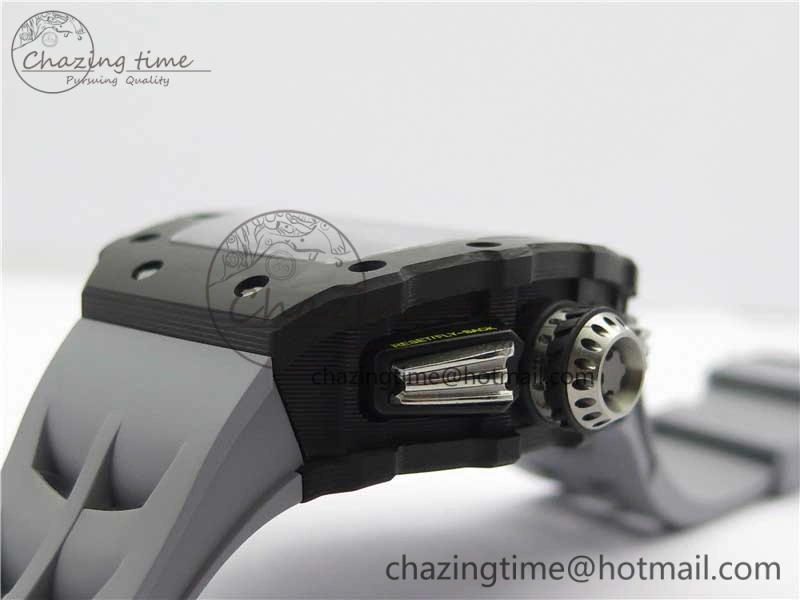 RM011 Carbon Case Chrono KVF 1:1 Best Edition Crystal Skeleton Yellow Dial on Gray Racing Rubber Strap A7750 V2