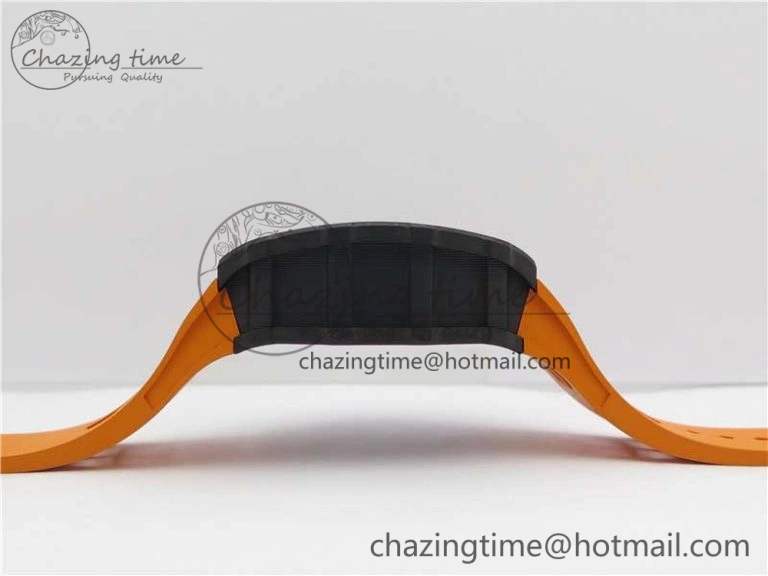 RM011 Carbon Case Chrono KVF 1:1 Best Edition Crystal Skeleton Yellow Dial on Orange Racing Rubber Strap A7750 V2