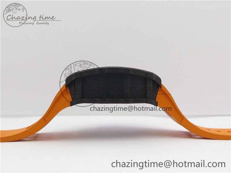 RM011 Carbon Case Chrono KVF 1:1 Best Edition Crystal Skeleton Yellow Dial on Orange Racing Rubber Strap A7750 V2