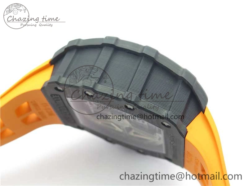 RM011 Carbon Case Chrono KVF 1:1 Best Edition Crystal Skeleton Yellow Dial on Orange Racing Rubber Strap A7750 V2