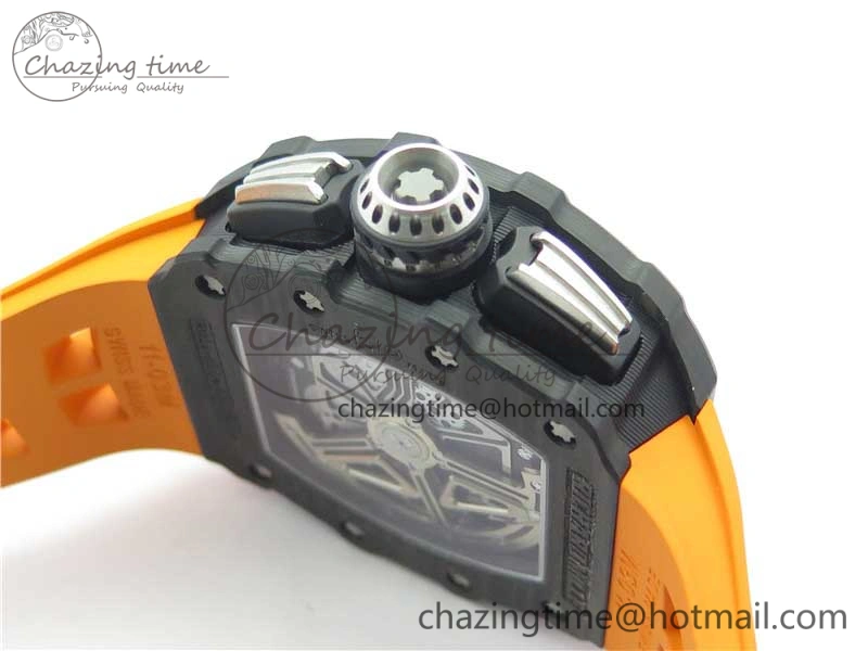 RM011 Carbon Case Chrono KVF 1:1 Best Edition Crystal Skeleton Yellow Dial on Orange Racing Rubber Strap A7750 V2
