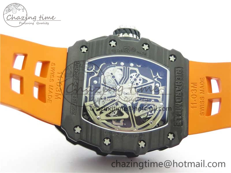 RM011 Carbon Case Chrono KVF 1:1 Best Edition Crystal Skeleton Yellow Dial on Orange Racing Rubber Strap A7750 V2
