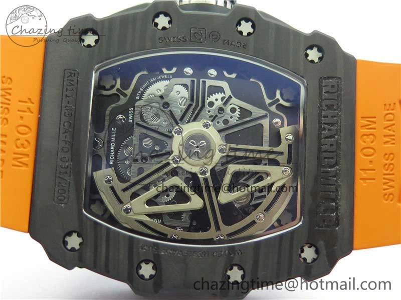 RM011 Carbon Case Chrono KVF 1:1 Best Edition Crystal Skeleton Yellow Dial on Orange Racing Rubber Strap A7750 V2