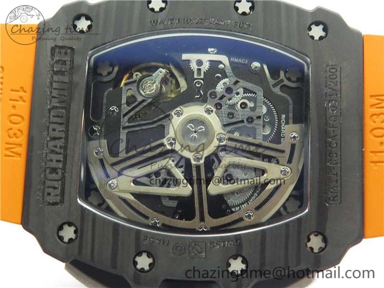 RM011 Carbon Case Chrono KVF 1:1 Best Edition Crystal Skeleton Yellow Dial on Orange Racing Rubber Strap A7750 V2