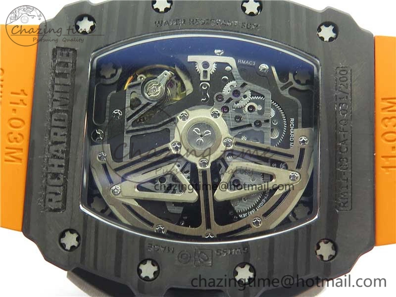 RM011 Carbon Case Chrono KVF 1:1 Best Edition Crystal Skeleton Yellow Dial on Orange Racing Rubber Strap A7750 V2