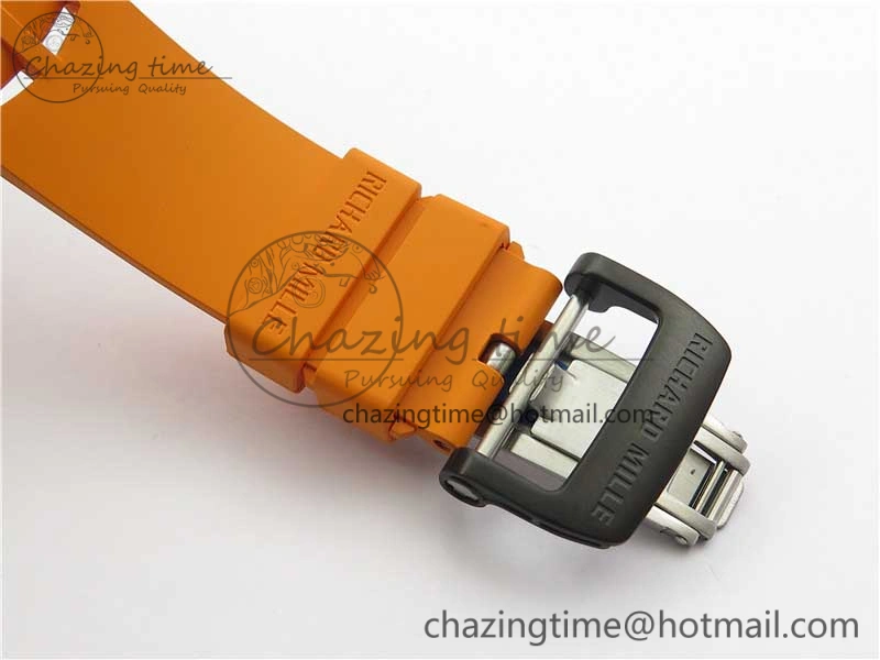 RM011 Carbon Case Chrono KVF 1:1 Best Edition Crystal Skeleton Yellow Dial on Orange Racing Rubber Strap A7750 V2