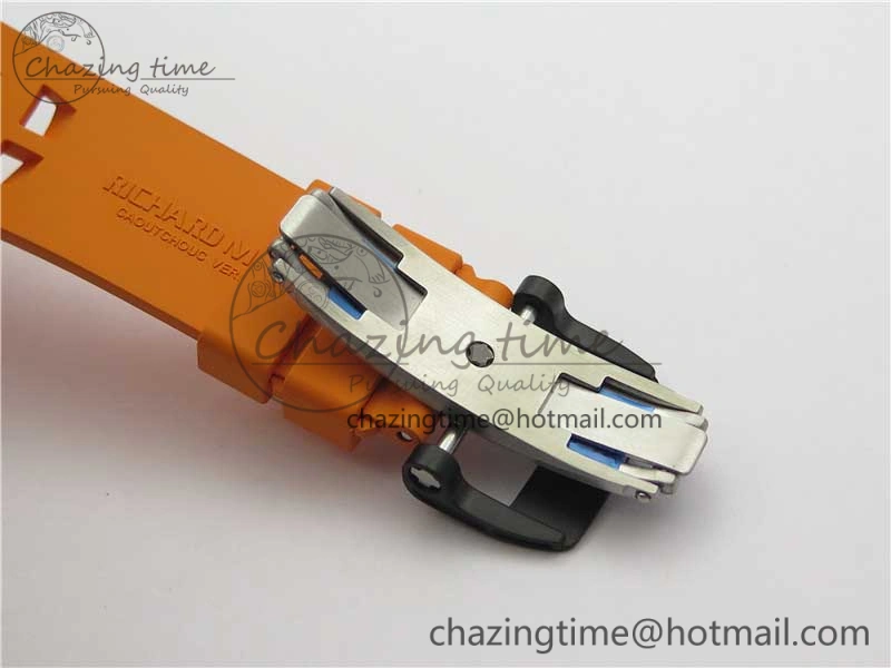 RM011 Carbon Case Chrono KVF 1:1 Best Edition Crystal Skeleton Yellow Dial on Orange Racing Rubber Strap A7750 V2