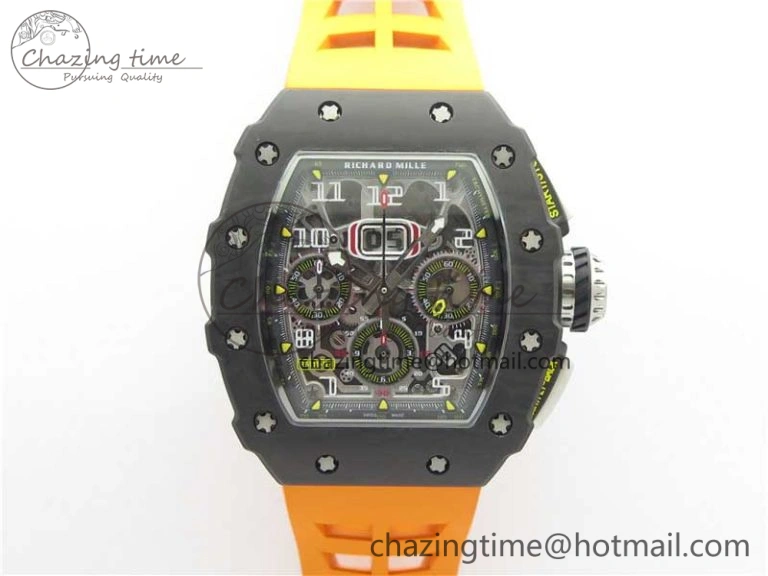 RM011 Carbon Case Chrono KVF 1:1 Best Edition Crystal Skeleton Yellow Dial on Orange Racing Rubber Strap A7750 V2