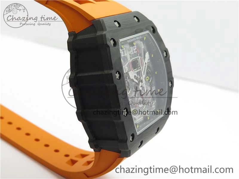 RM011 Carbon Case Chrono KVF 1:1 Best Edition Crystal Skeleton Yellow Dial on Orange Racing Rubber Strap A7750 V2