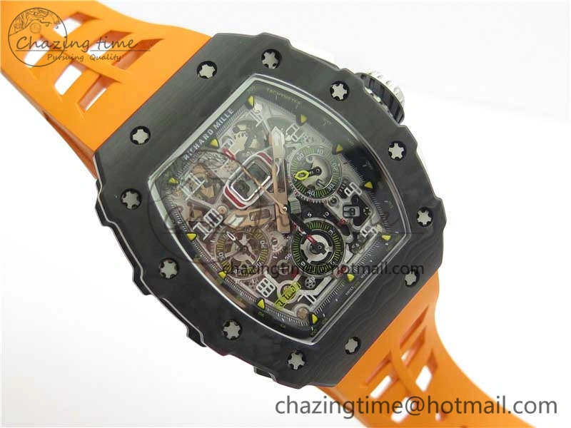RM011 Carbon Case Chrono KVF 1:1 Best Edition Crystal Skeleton Yellow Dial on Orange Racing Rubber Strap A7750 V2