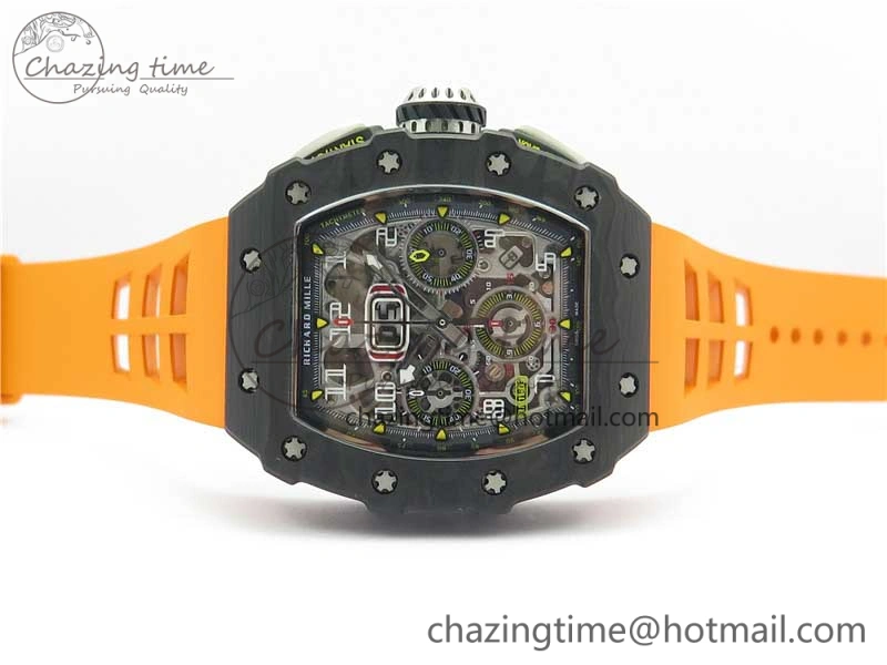 RM011 Carbon Case Chrono KVF 1:1 Best Edition Crystal Skeleton Yellow Dial on Orange Racing Rubber Strap A7750 V2