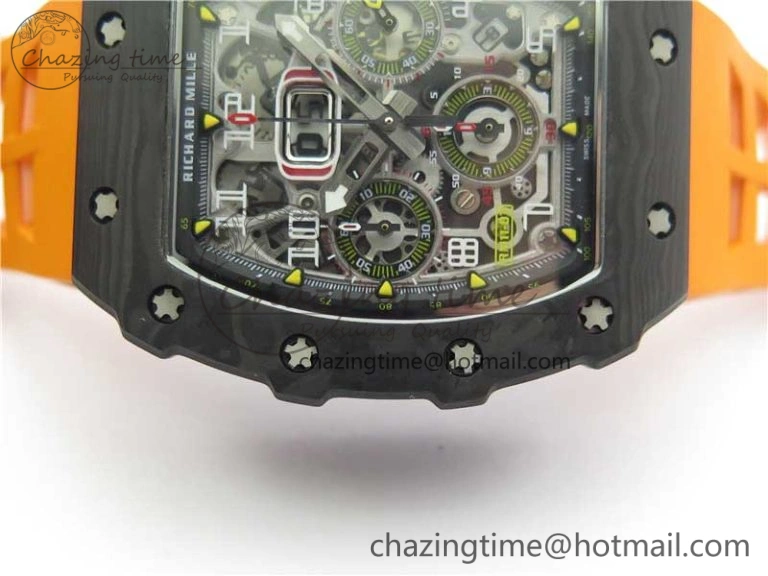 RM011 Carbon Case Chrono KVF 1:1 Best Edition Crystal Skeleton Yellow Dial on Orange Racing Rubber Strap A7750 V2