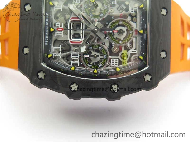 RM011 Carbon Case Chrono KVF 1:1 Best Edition Crystal Skeleton Yellow Dial on Orange Racing Rubber Strap A7750 V2