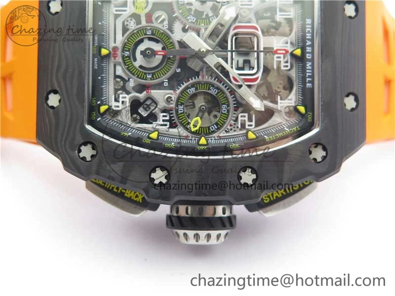 RM011 Carbon Case Chrono KVF 1:1 Best Edition Crystal Skeleton Yellow Dial on Orange Racing Rubber Strap A7750 V2